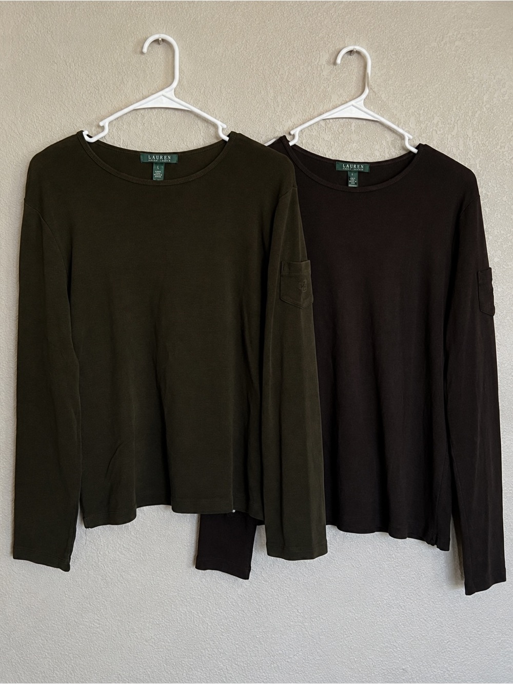 Lauren Ralph Lauren Olive Green and Brown Long Sleeve Crewneck Tee Shirts Large